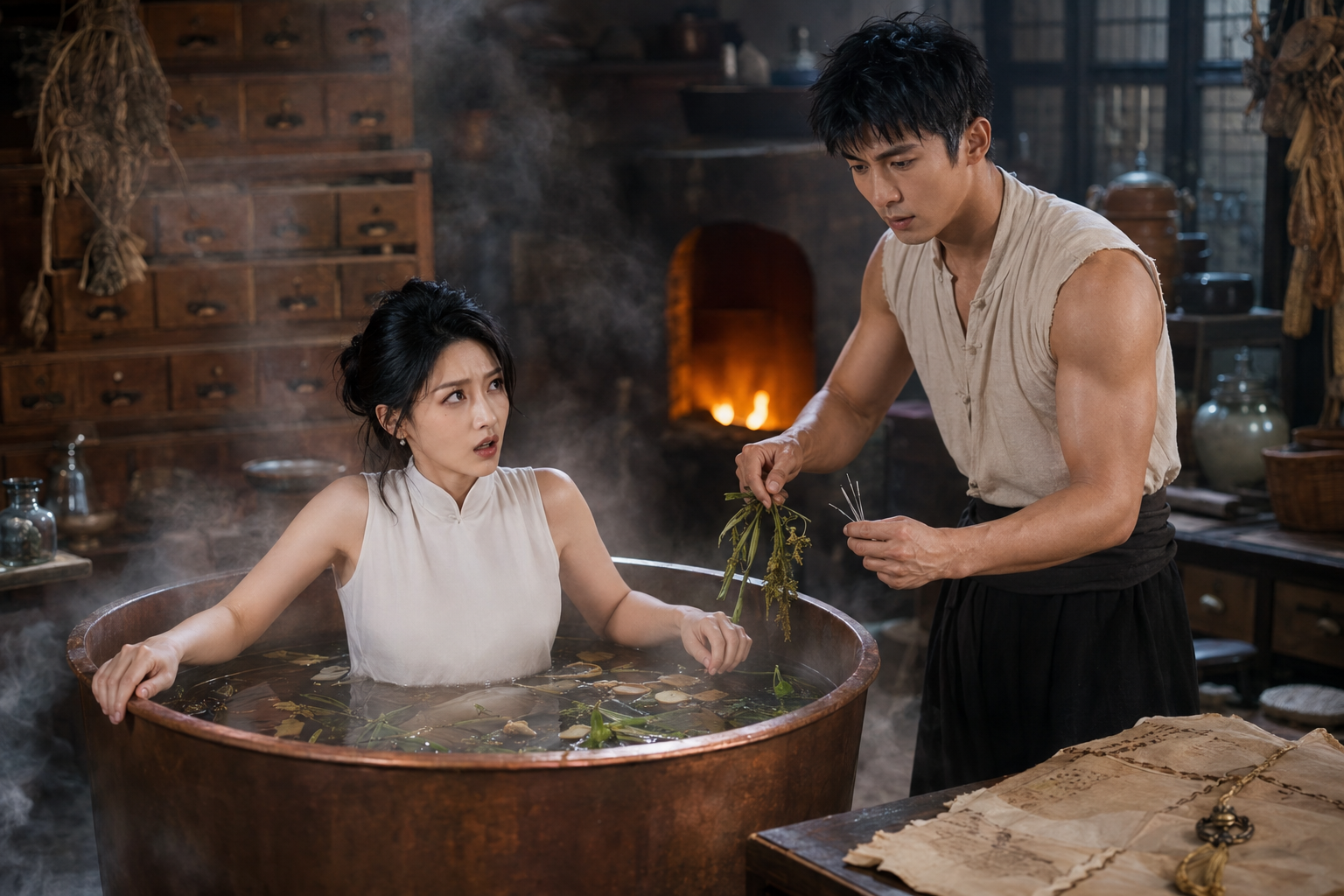 ซูจงตื่นขึ้นในบ่อสมุนไพร ขณะที่เจียงหลีใช้เข็มเงินและสมุนไพรรักษาพิษเย็นในร่างของเธอ