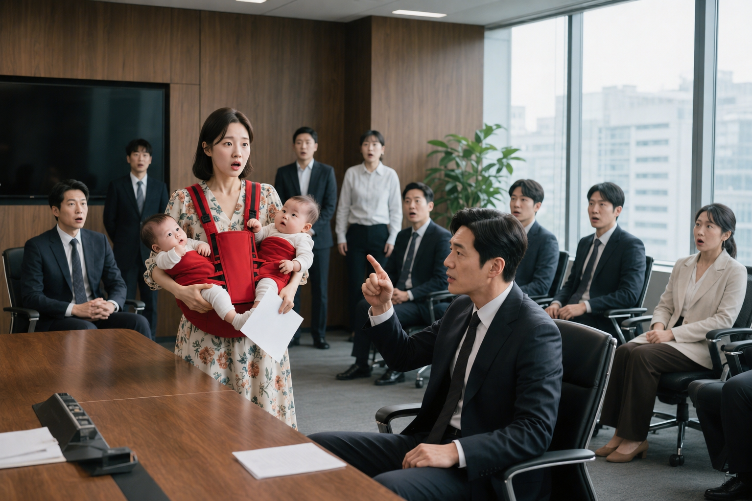 แม่เลี้ยงเดี่ยวอุ้มลูกแฝดบุกเข้าไปในห้องประชุมบริษัท